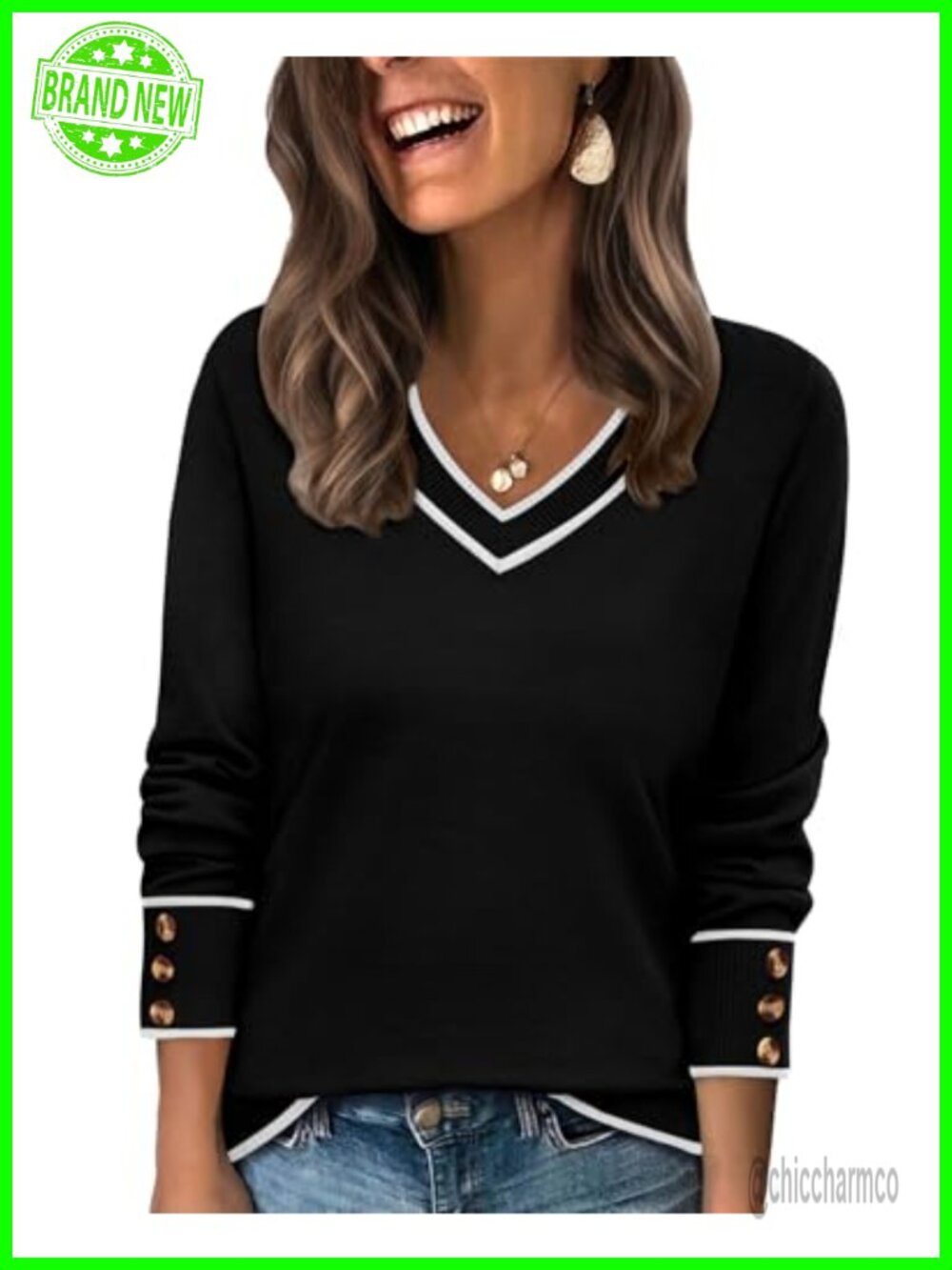 WIHOLL Lightweight V-Neck Knit Sweater Pullover with Decorative Buttons
